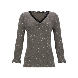 charcoal mini heart polka dot lace trim top with ruched bust and 3/4 sleeves